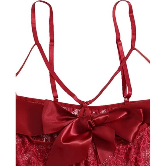 Front Bow Cover Red Teddy Lingerie One Piece Floral Lace Bodysuit Babydoll NWT - Picture 7 of 9